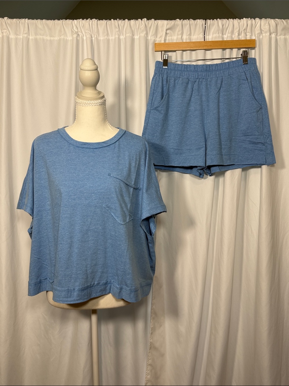 Zenana Heathered Blue Short Sleeve Tee & Elastic Waist Shorts Set